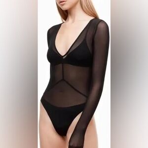 Wilfred Free Black Mesh V-neck Long Sleeve Thong Bodysuit
